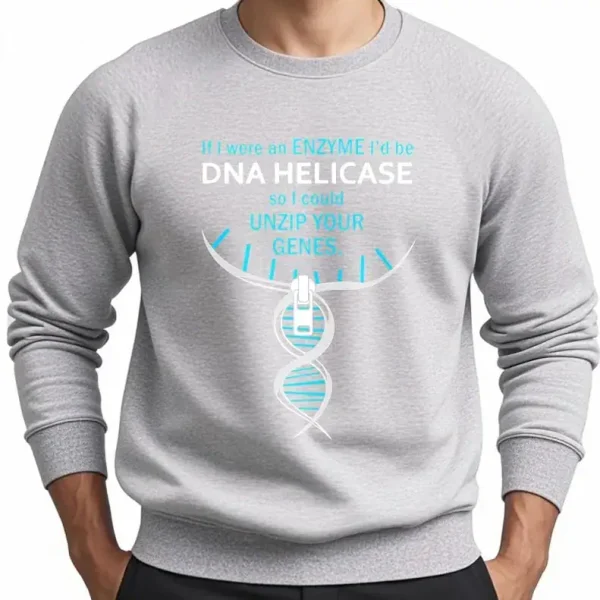 Tröja med DNA-mönster och humoristiskt budskap om genavlåsning.