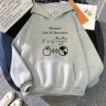 Grå hoodie med Newtons formel och symbol för äpple och planet.