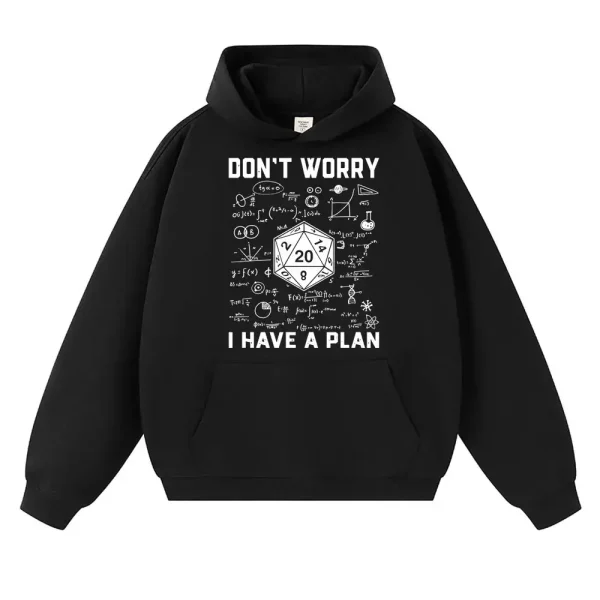 Svart hoodie med vetenskaplig design och budskap "Don't Worry, I Have a Plan" illustrerat med formler och matematiska diagram.