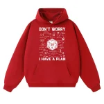 Röd hoodie med vetenskaplig grafik och humoristisk text.