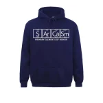 Mörkblå hoodie med vetenskaplig text och humoristisk formel "SArCaSm".