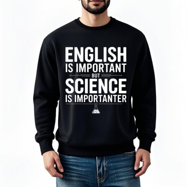 Svart sweatshirt med humoristiskt budskap om vikten av vetenskap jämfört med engelska, idealisk för vetenskaps- och humorentusiaster.
