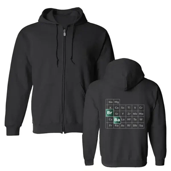 Zippad hoodie inspirerad av Breaking Bad, med design av det periodiska systemet. Perfekt för fans av serien och geekinredning.