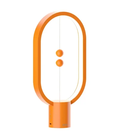 Skrivbordslampa med design i orange oval form med två knappar för belysning.