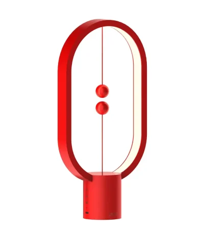 Skrivbordslampa med design i atomform med två röda sfärer som representerar en vetenskaplig modell, perfekt för modern och pedagogisk dekoration.