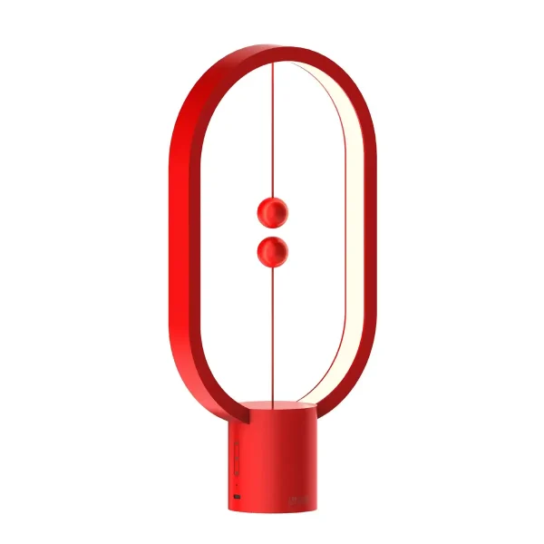 Skrivbordslampa med design i atomform med två röda sfärer som representerar en vetenskaplig modell, perfekt för modern och pedagogisk dekoration.